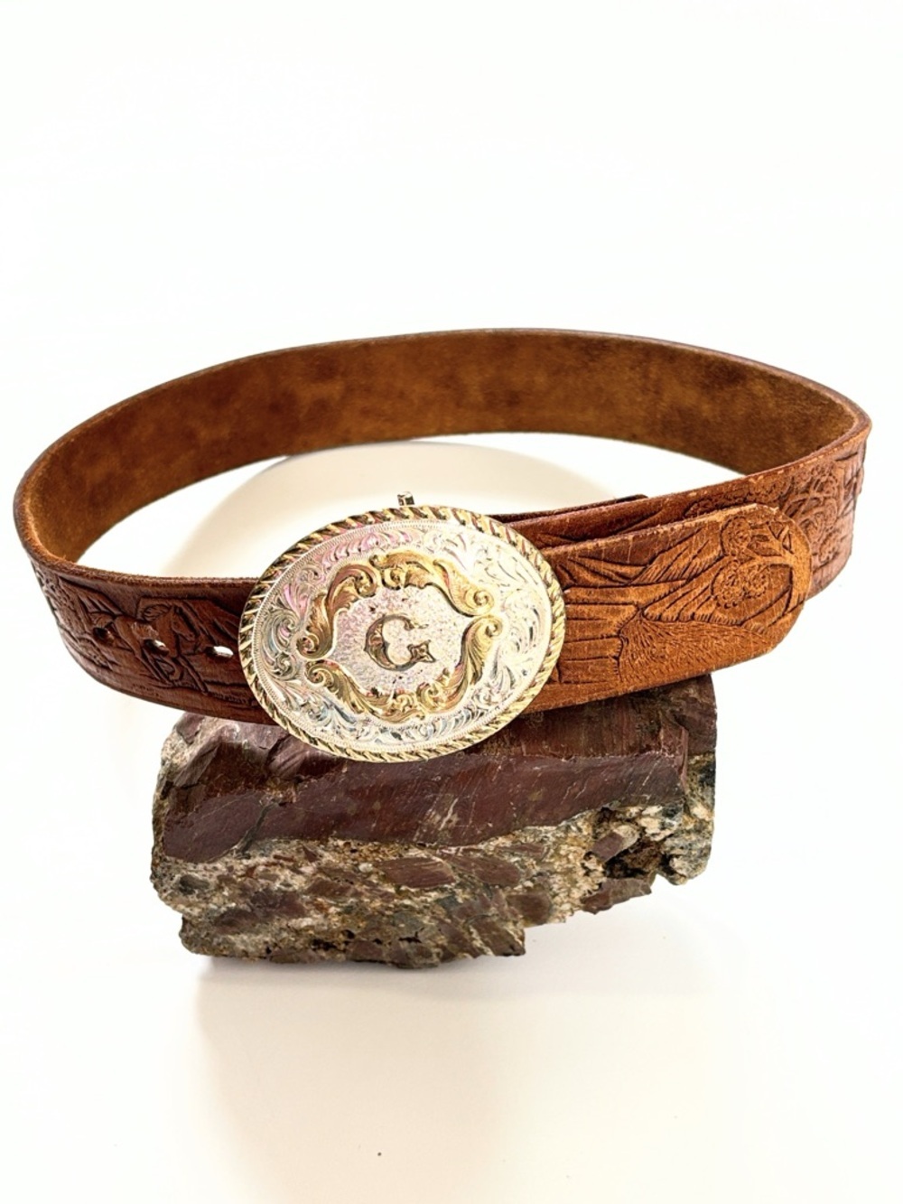 Montana Silversmiths Silver Plated Buckle with a Brown Tooled Leather Belt